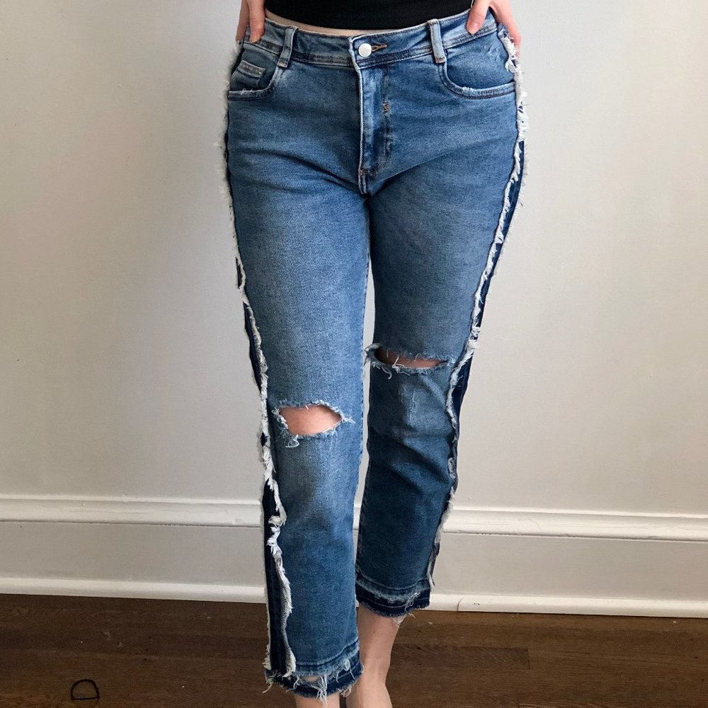 ZARA Contrast Trim Distressed Jeans